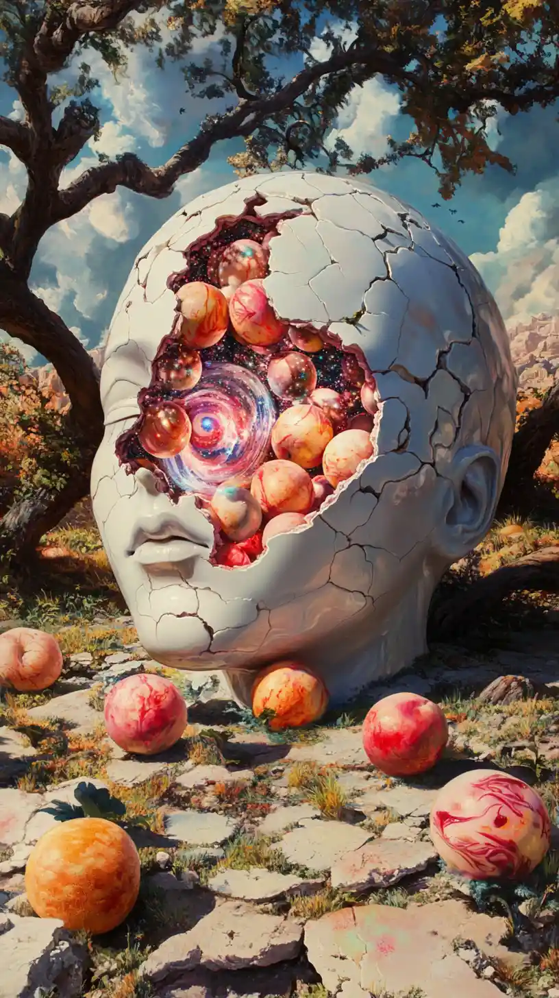 Porcelain human head opening into a glowing inner orchard