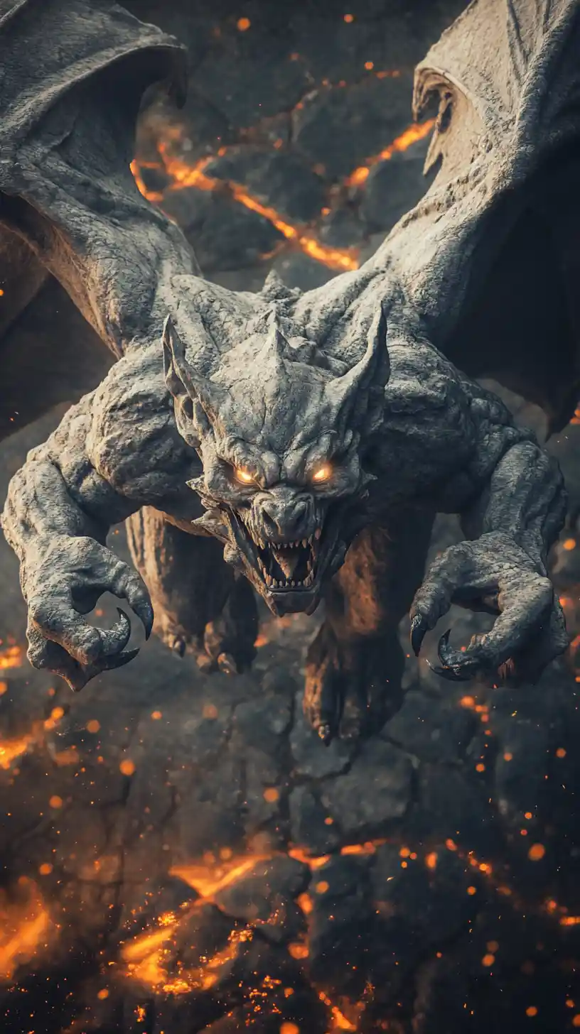 Stone gargoyle diving toward the viewer through burning debris