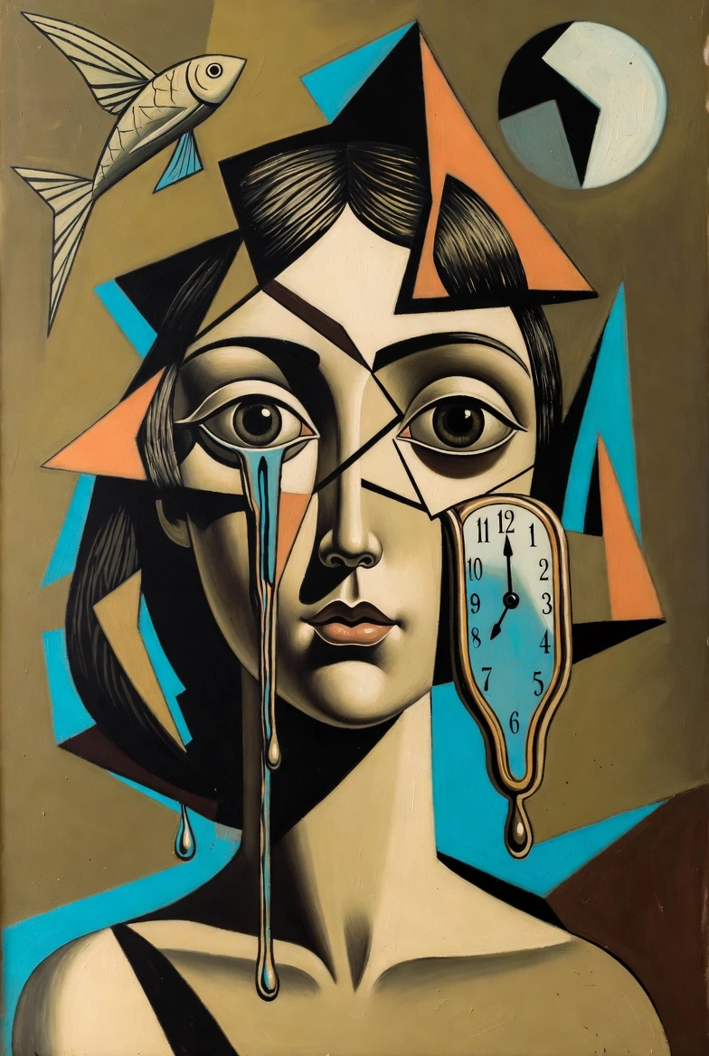 Cubist surreal portrait of a fragmented woman with melting forms