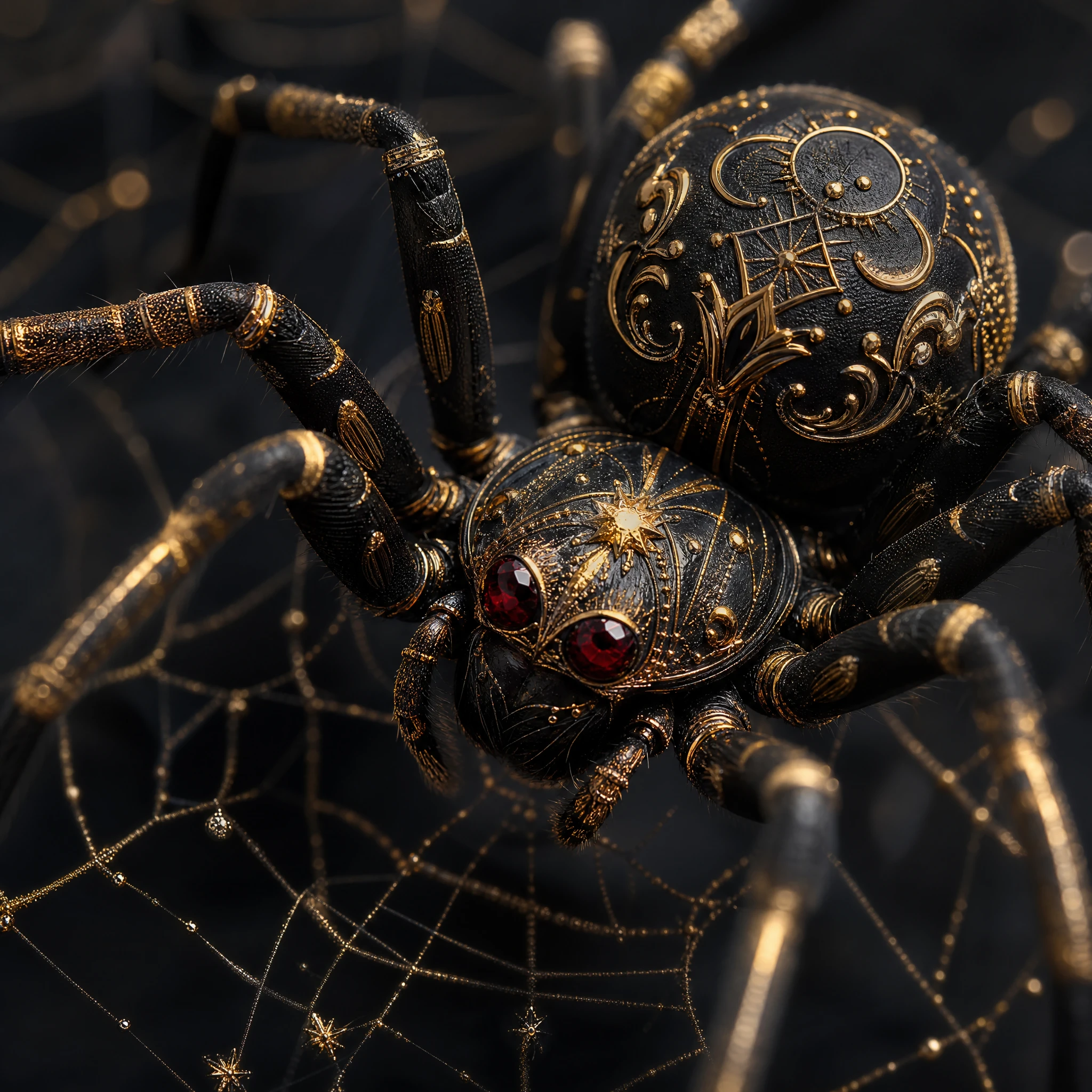 Araña ornamentada en negro y dorado sobre telaraña intrincada y brillante