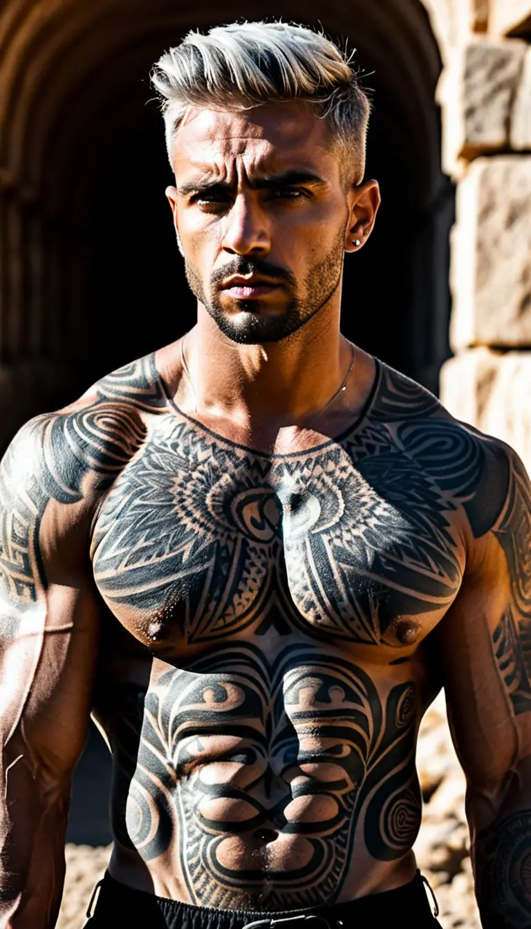 Muscular tattooed man in rocky sunlight outdoor portrait