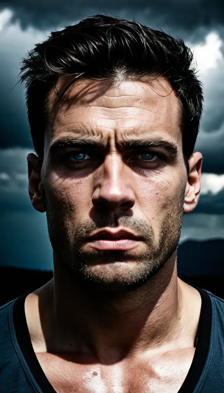 Tall muscular man under a dramatic stormy sky