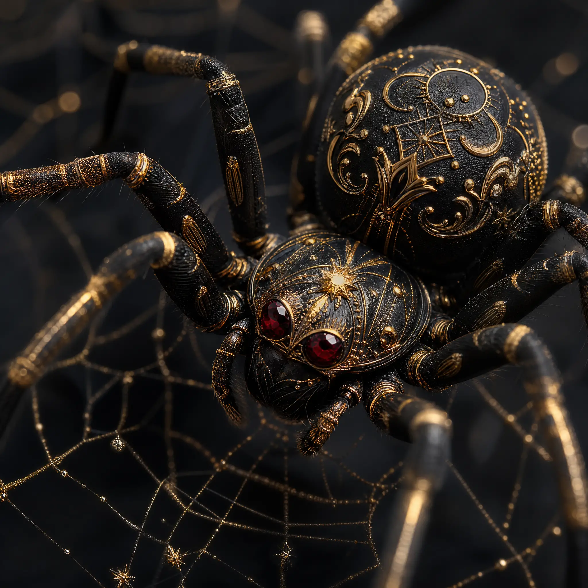 Ornate black and gold spider on intricate shimmering web