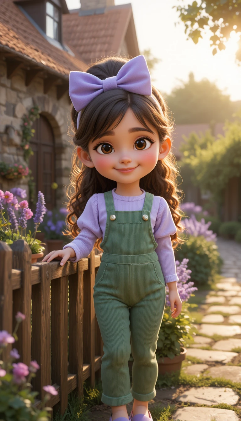 Pixar style little girl in a cozy cottage garden