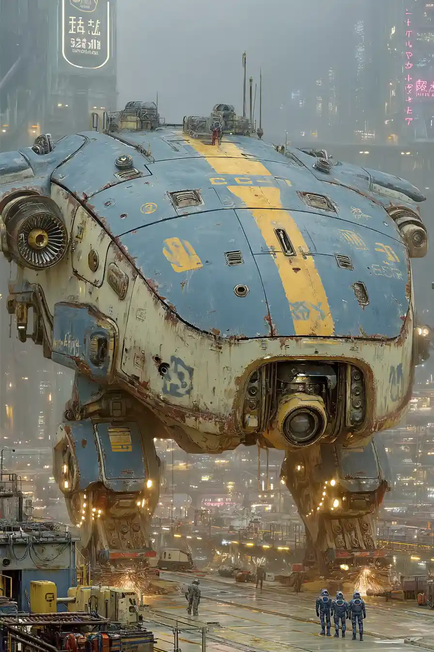 未來星艦乾船塢中的巨型工業機甲