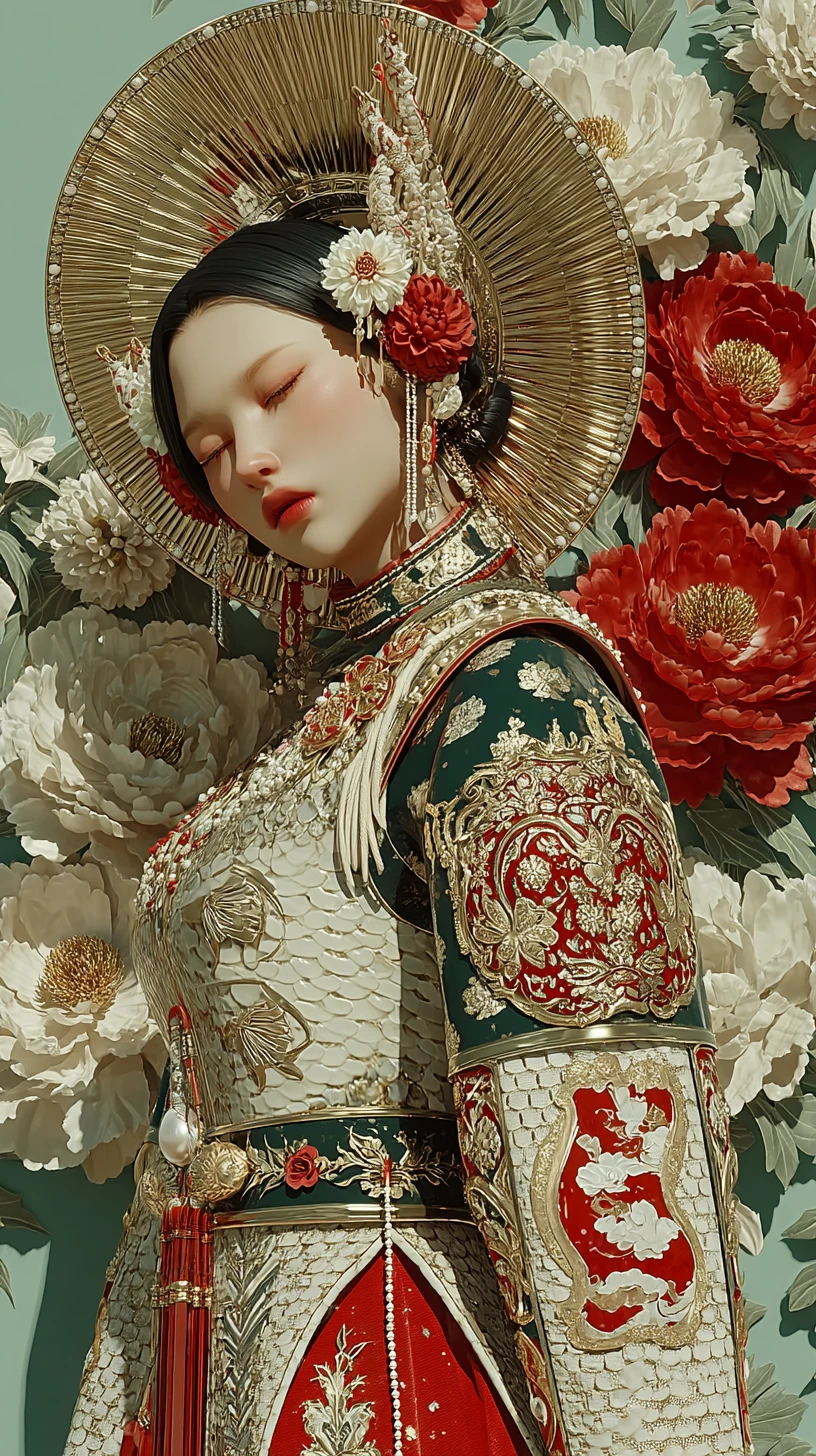 Retrato de una emperatriz mítica en un desierto floral surrealista