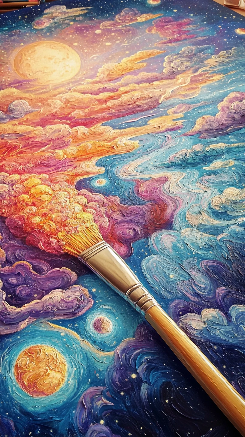 Pincel gigante derramando un mundo de fantasía brillante