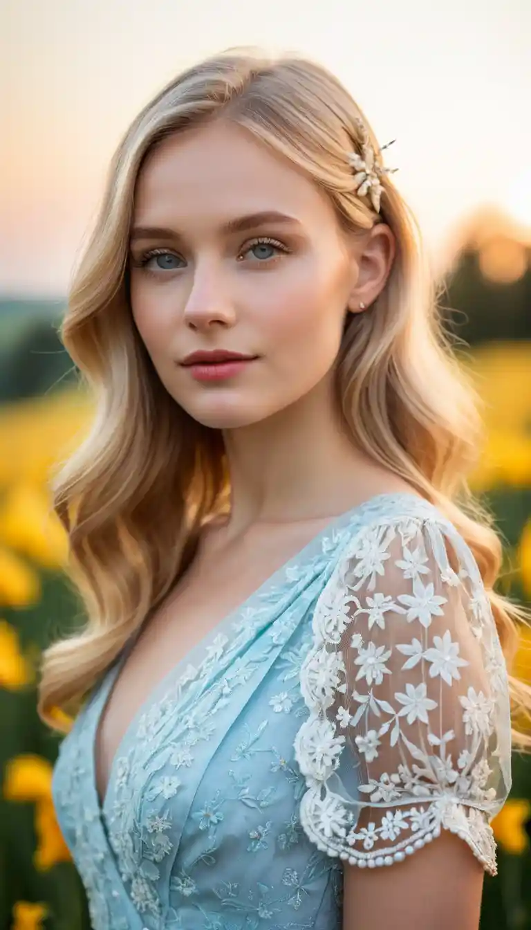 Blonde woman in a romantic dress standing in sunset field