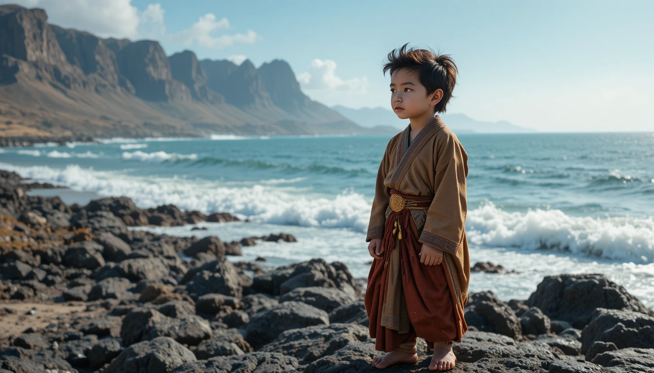 Boy in traditional attire on rocky coastline with mountains