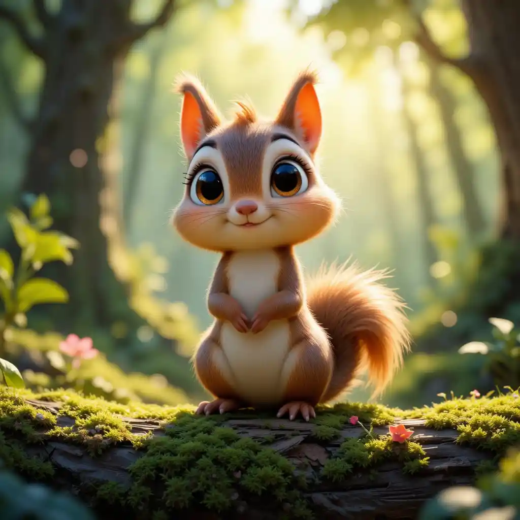Cute 3D baby squirrel on mossy log in forest
