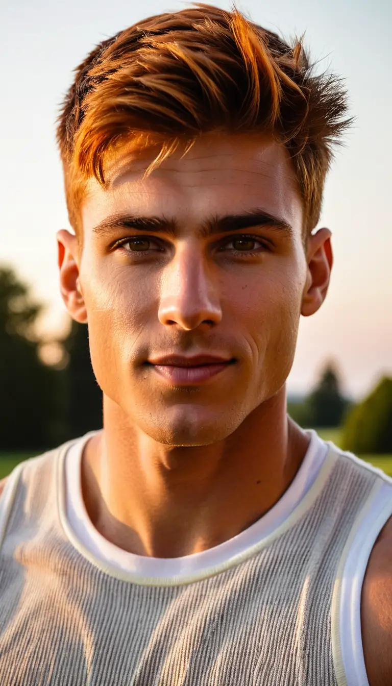 Confident muscular young man at sunset in sporty casual wear