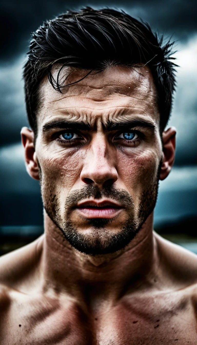 Tall muscular man in cinematic outdoor storm portrait