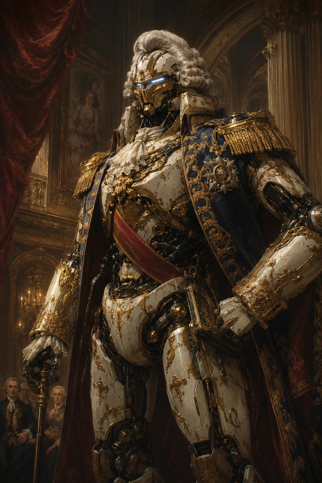 Portrait de mécha-robot baroque dans une grande salle de palais