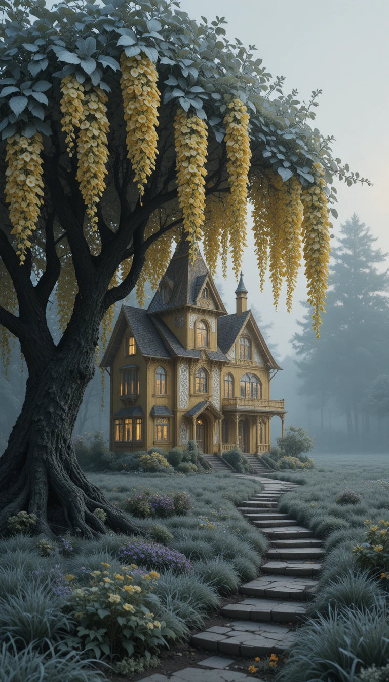 Magical yellow house beneath wisteria at misty sunrise