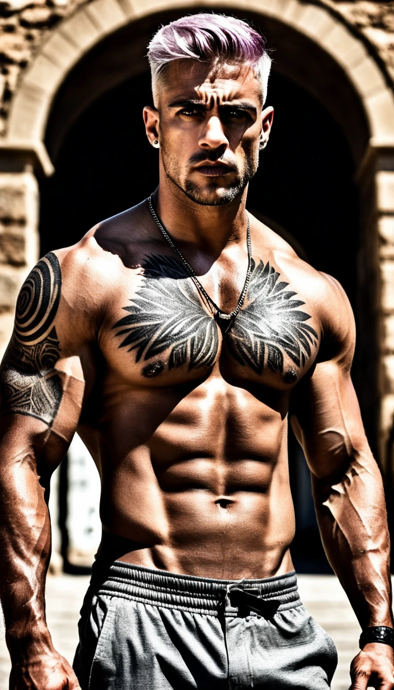 Tattooed muscular man in rocky landscape under harsh sun