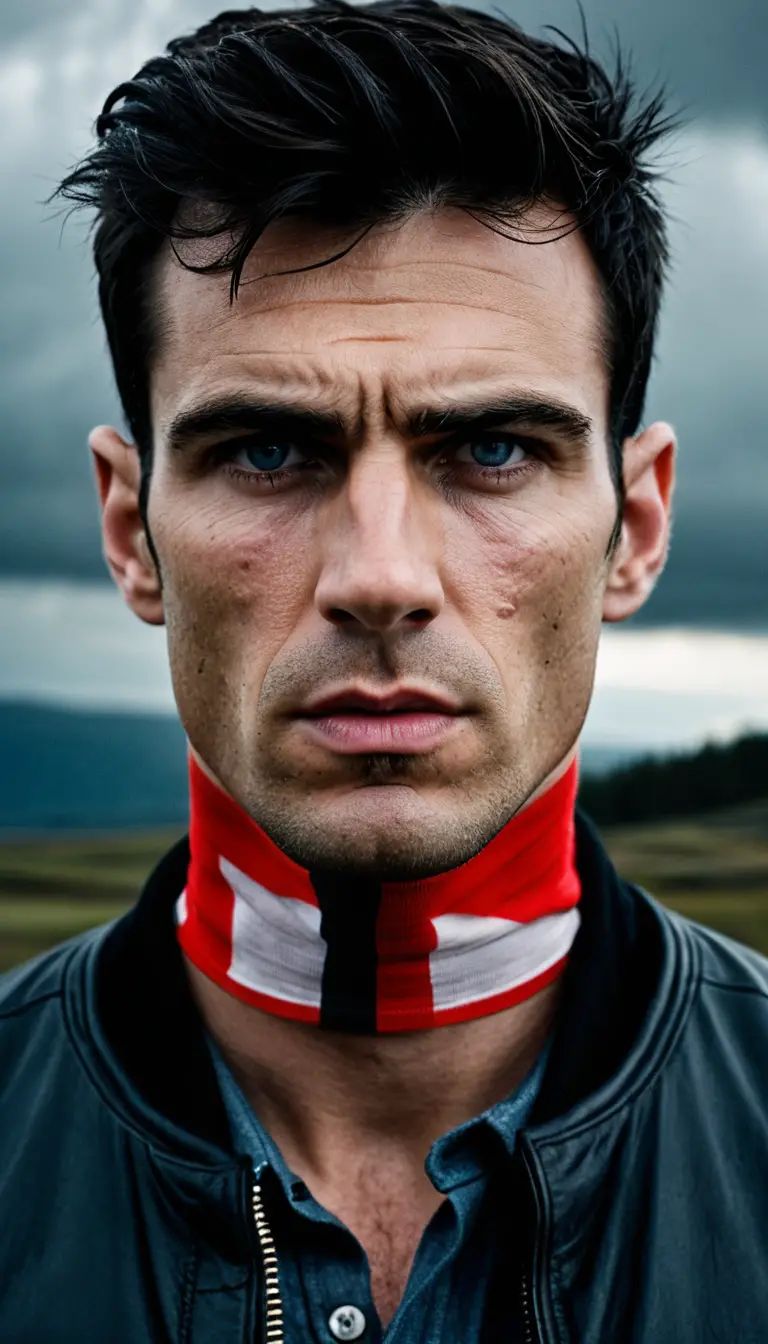 Intense muscular man under dramatic stormy sky