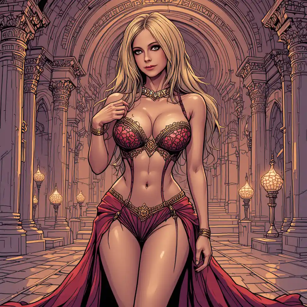 Curvy harem woman in lingerie at ornate Arabian palace