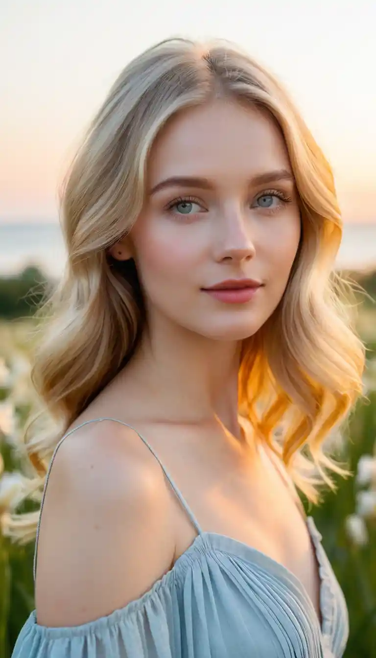 Blonde woman in romantic dress standing in sunset field