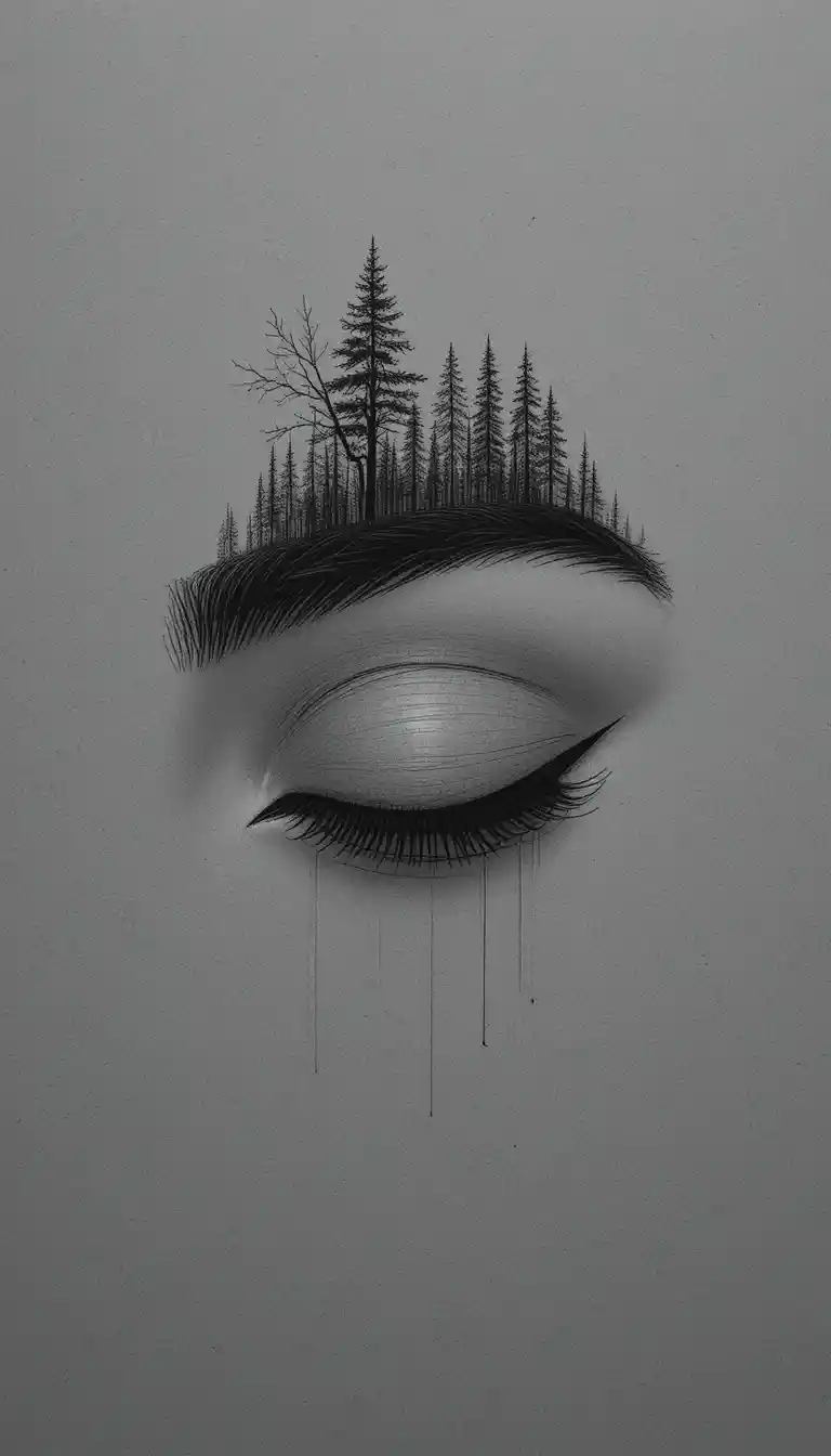 Minimal line drawing of a closed eye on gray background