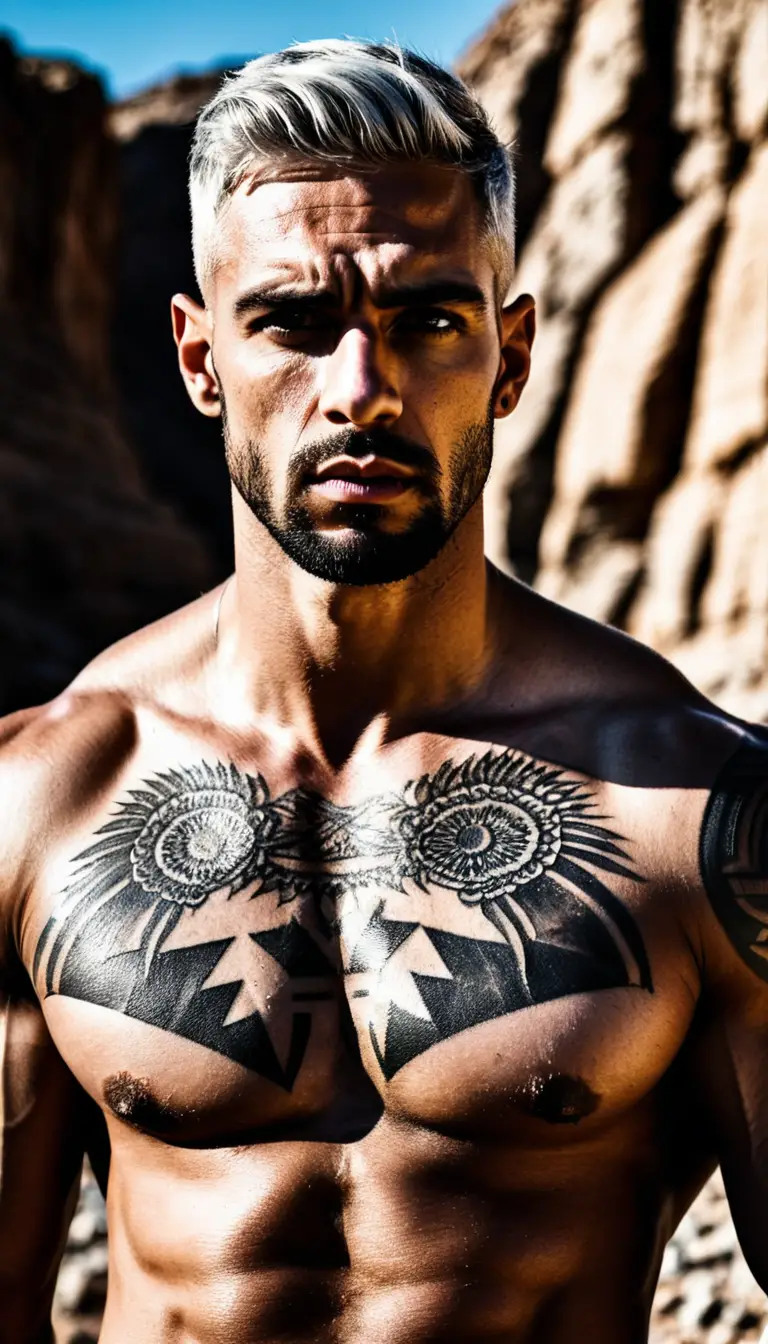 Tattooed muscular man in rocky outdoor portrait