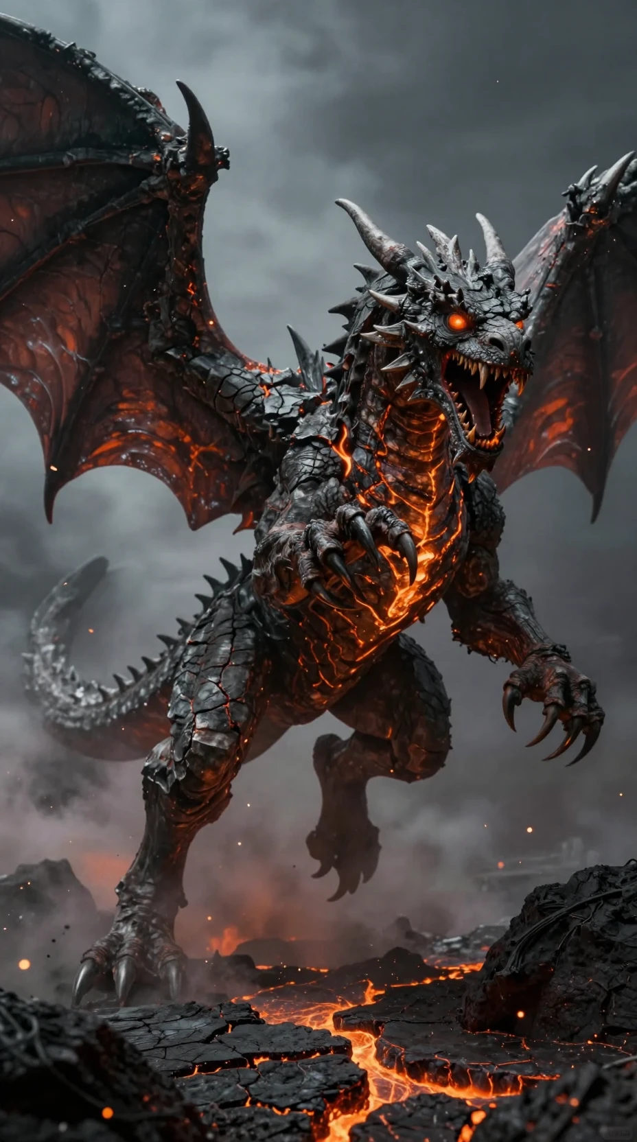 Stone dragon lunging above a blazing volcanic landscape