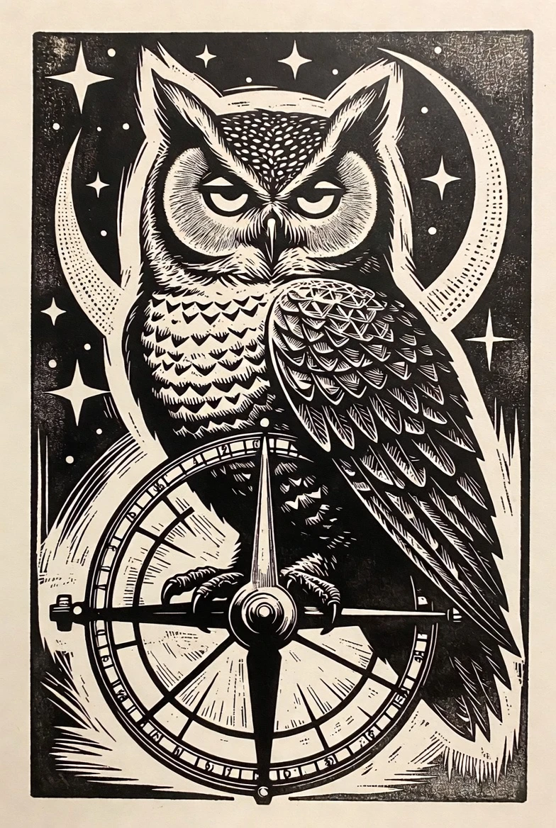 Búho de Dos Cabezas en Linograbado sobre Antiguo Astrolabio