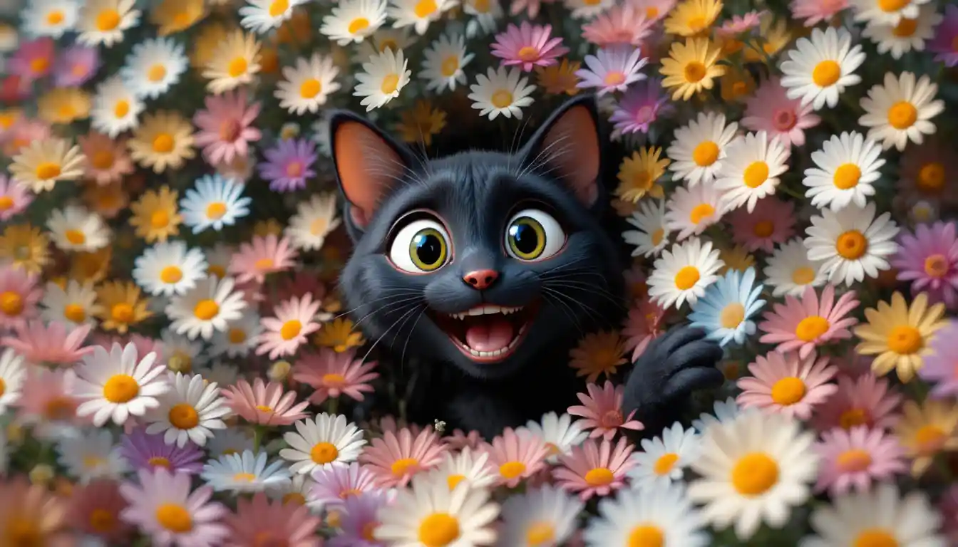 Curious black cat peeking from vibrant wall of daisies