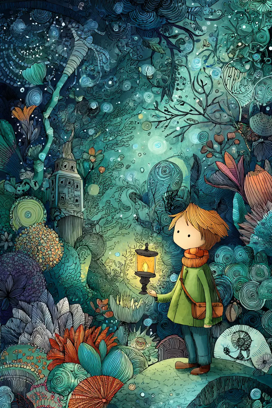 Whimsical fantasy character in an enchanted intricate world