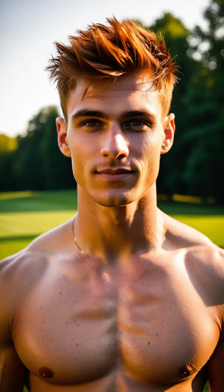 Confident muscular young man in sunlight full body portrait