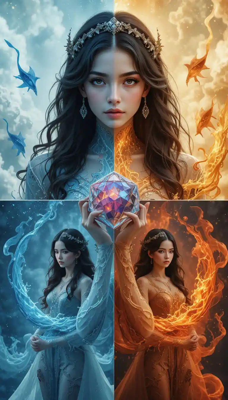 Elemental girl collage with air earth fire and water