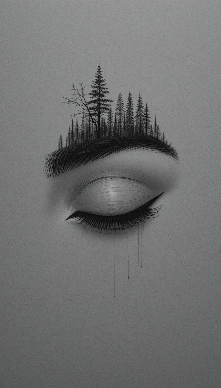 Minimal line drawing of a closed eye on gray background