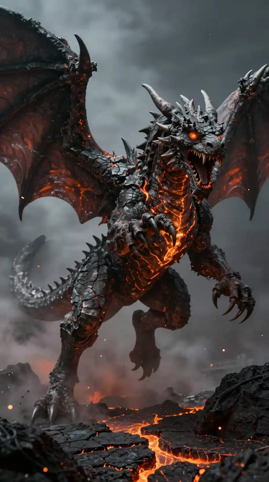 Stone dragon lunging above a blazing volcanic landscape