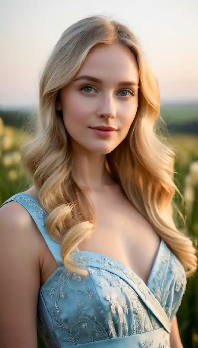 Blonde woman in romantic dress in a sunlit flower field