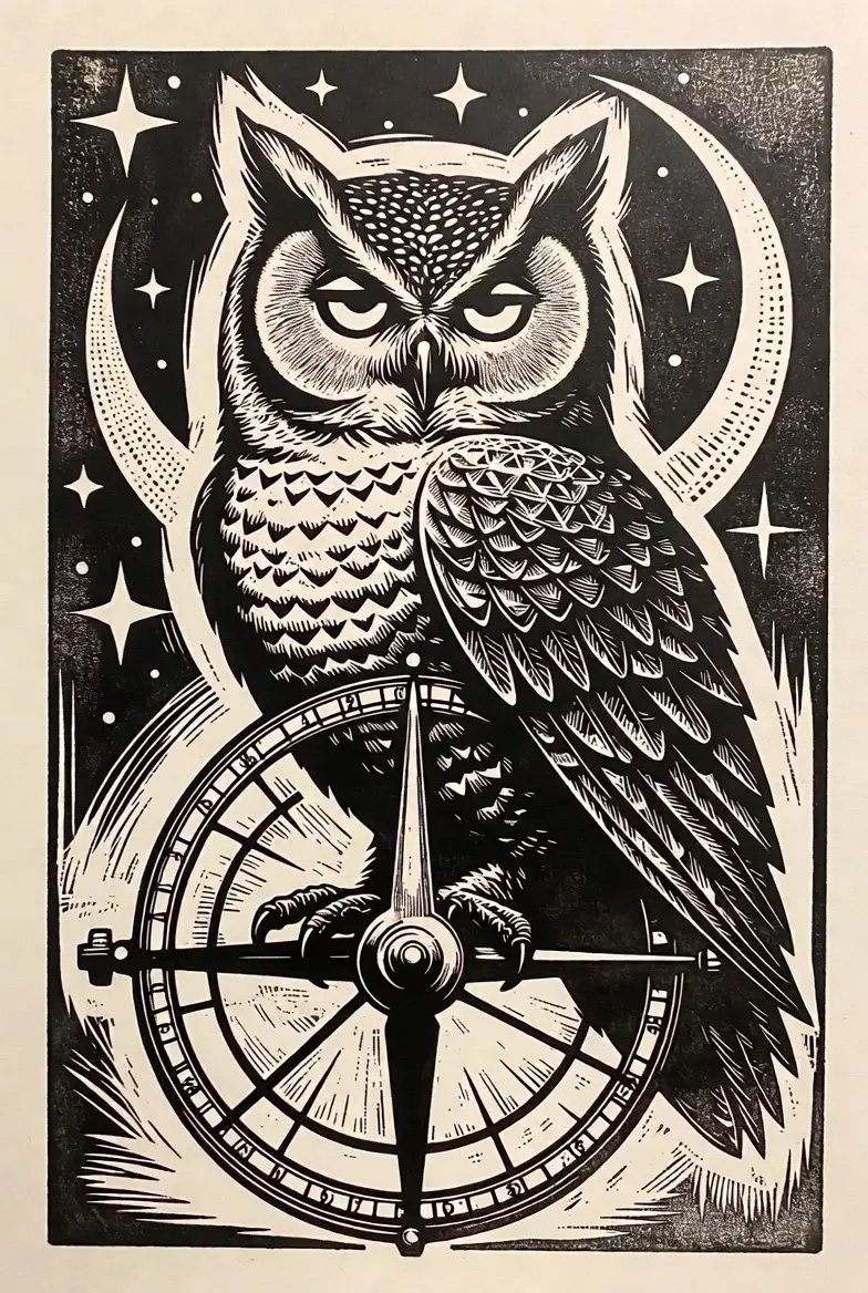 Two Headed Owl Linocut On Ancient Astrolabe