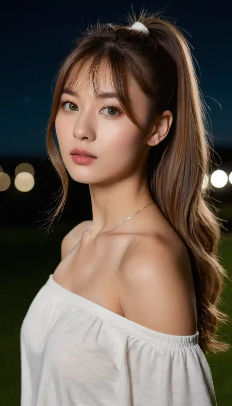 Confident young woman in moonlit countryside full body portrait