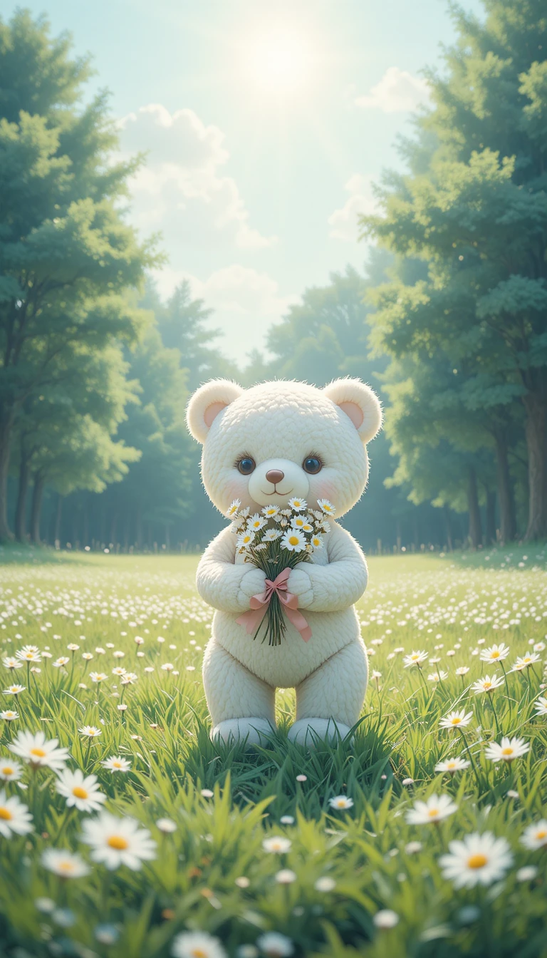 Cute white teddy bear with daisies in a sunny forest clearing