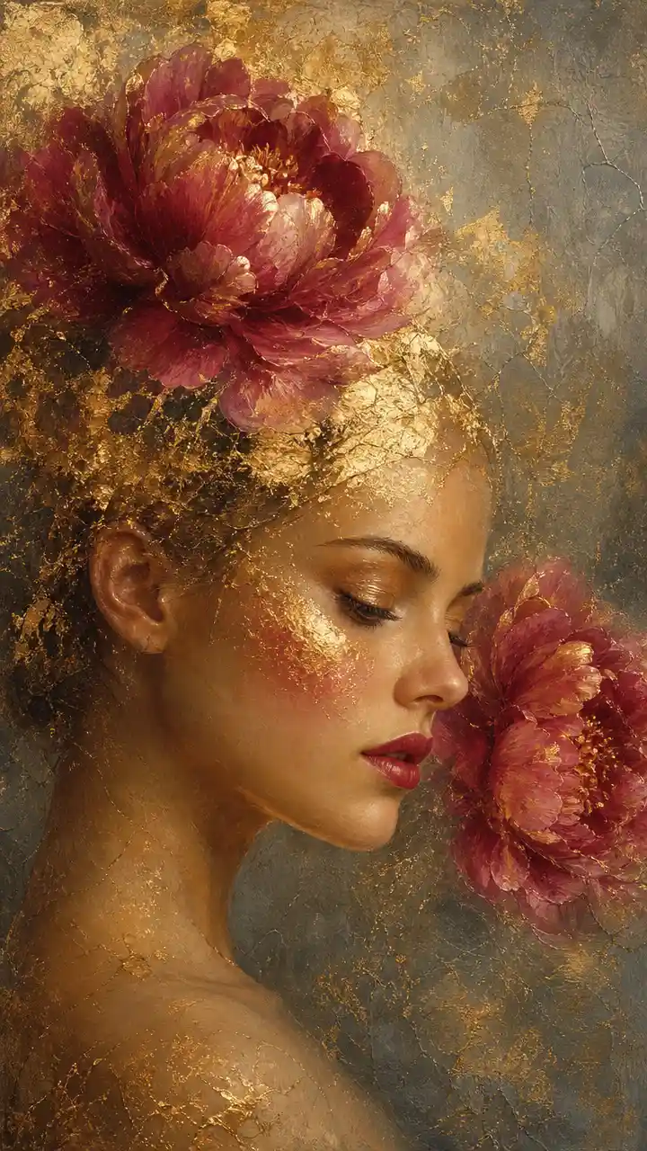 Golden profile portrait of a woman with pink peonies