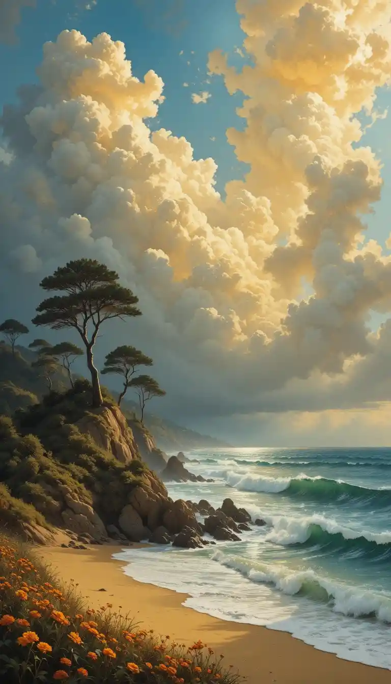 Golden sea and storm waves under glowing cumulus clouds