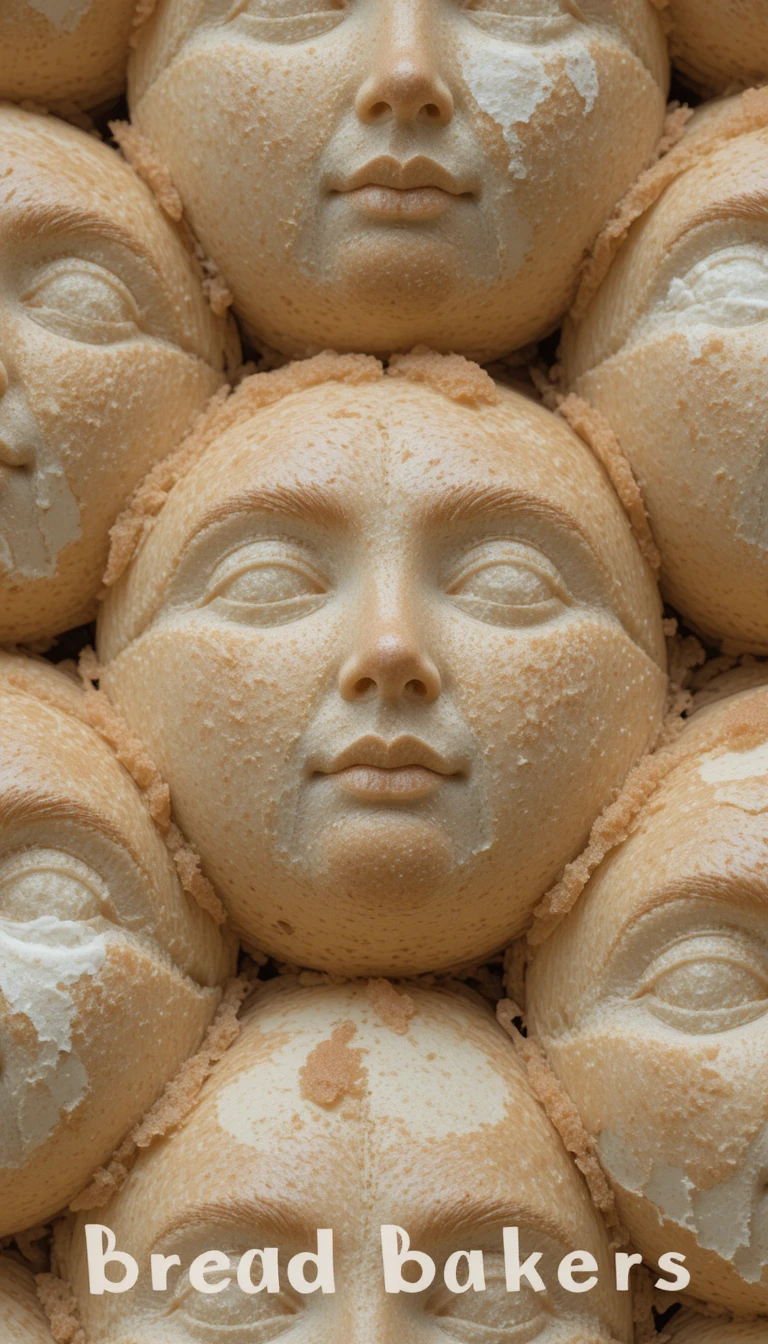 Close up of bread shaped like human faces with text