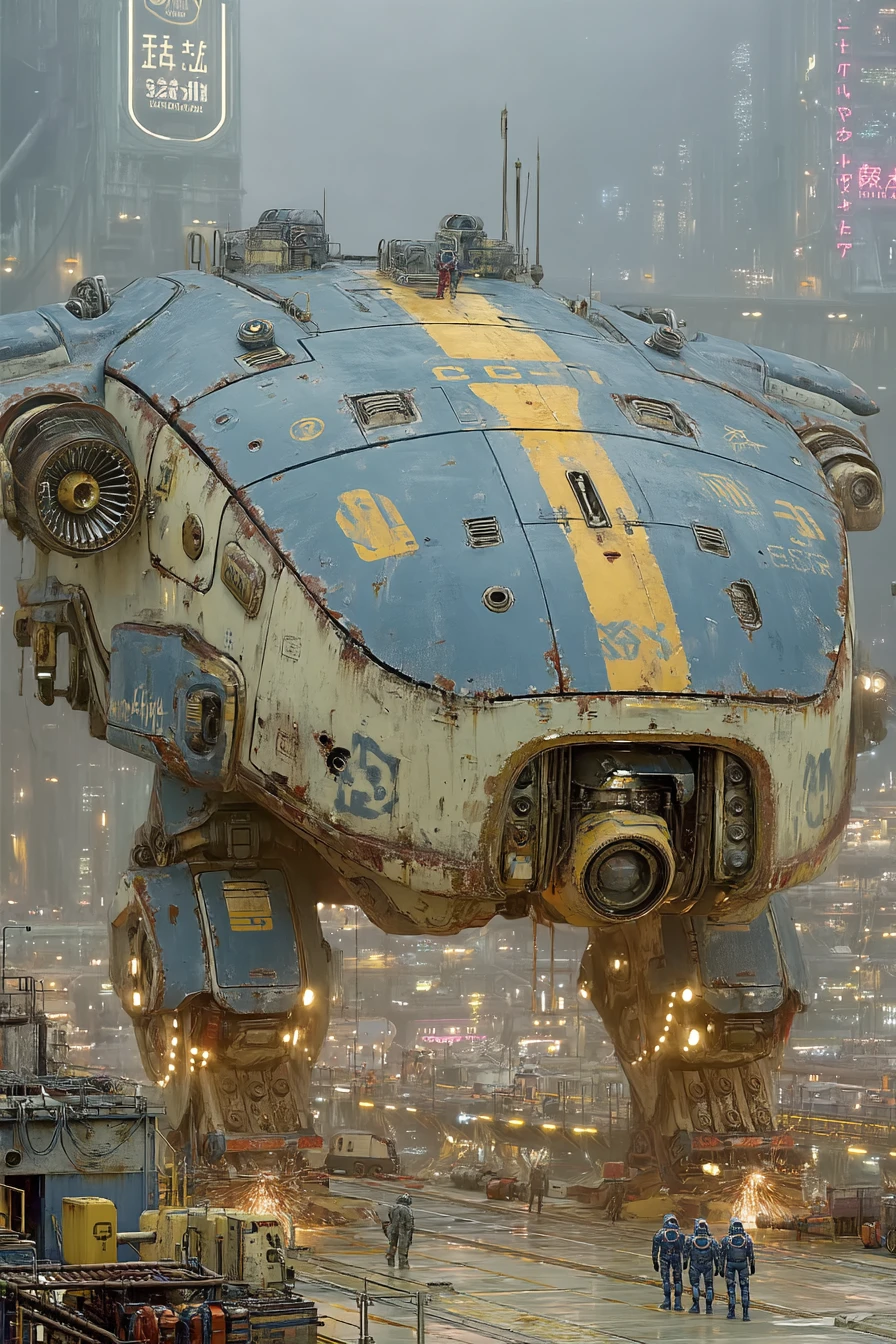 Meca industrial colosal en un dique seco futurista de nave estelar