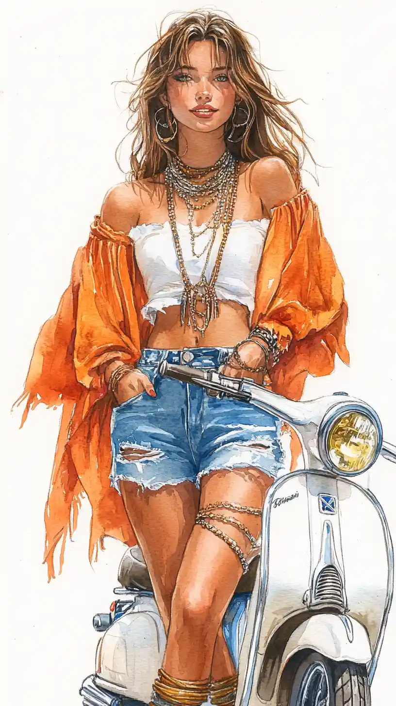 Bohemian woman posing by vintage scooter in watercolor