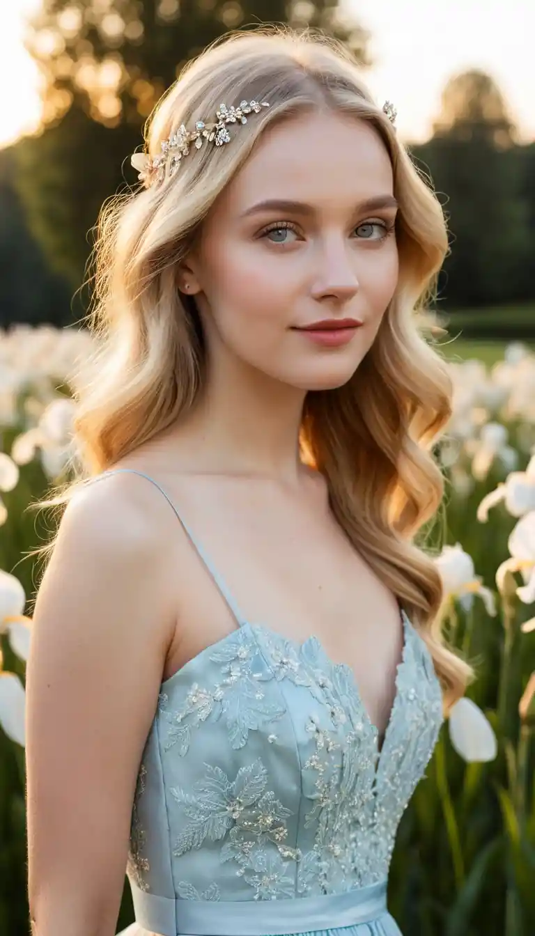 Blonde woman in romantic dress in a sunset flower field