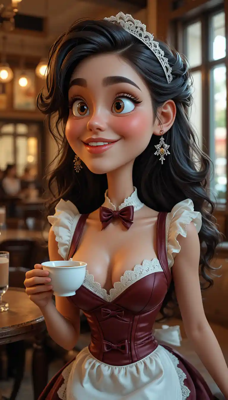 Playful cartoon girl in a vintage cafe portrait