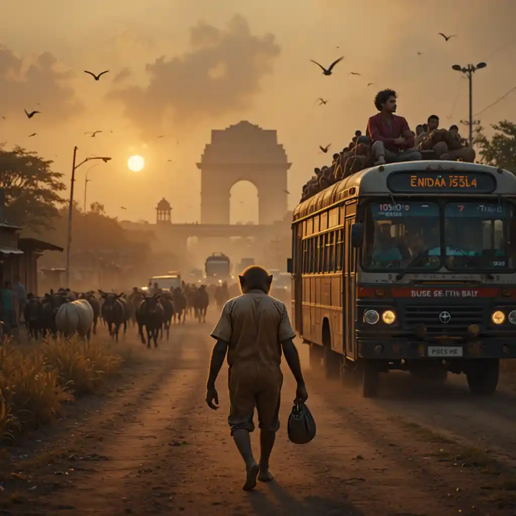 Monkey Walking Alone On A Dusty Village Road At Sunrise
