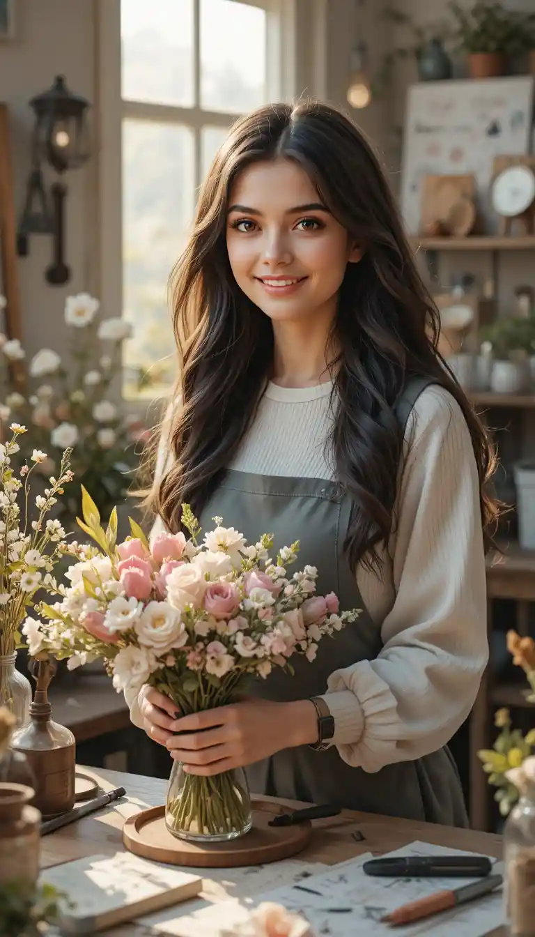 Young woman arranging flowers in a bright cozy room