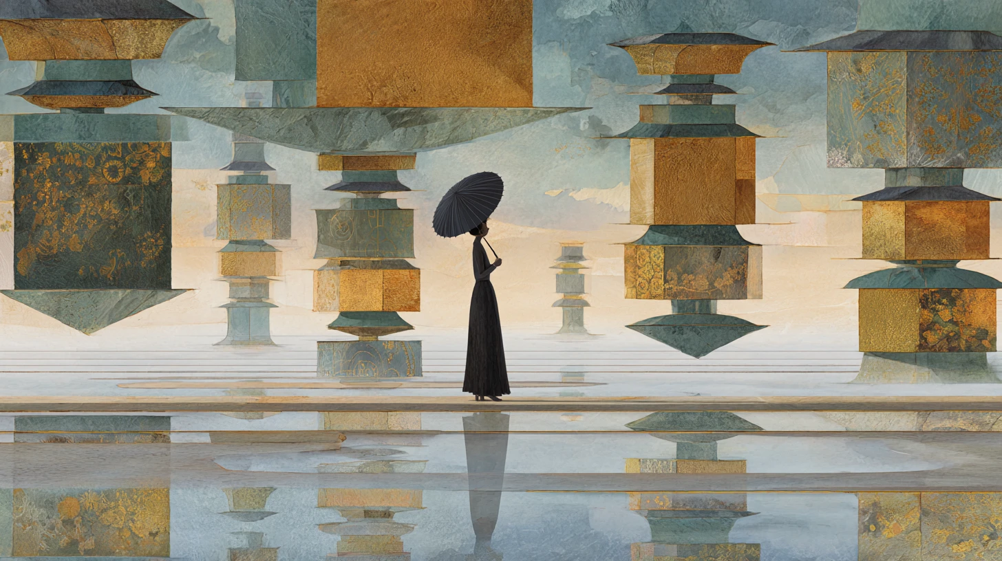 Solitary figure beneath stacked patchwork umbrellas in pastel sky