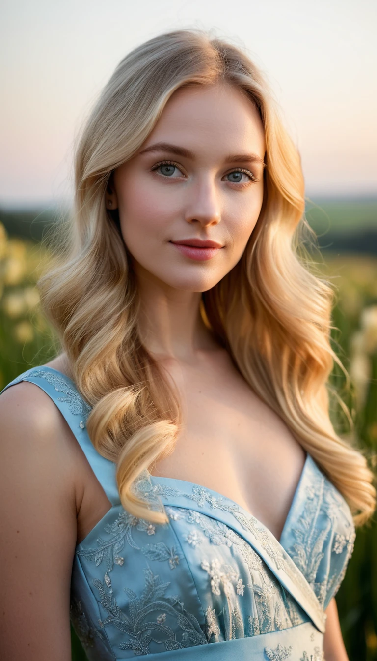 Blonde Frau im romantischen Kleid in einem sonnenbeschienenen Blumenfeld