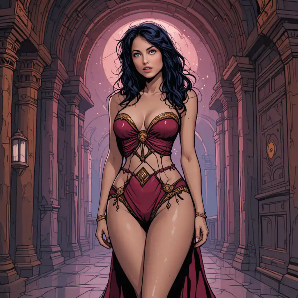 Curvy harem woman in lingerie in colorful palace illustration