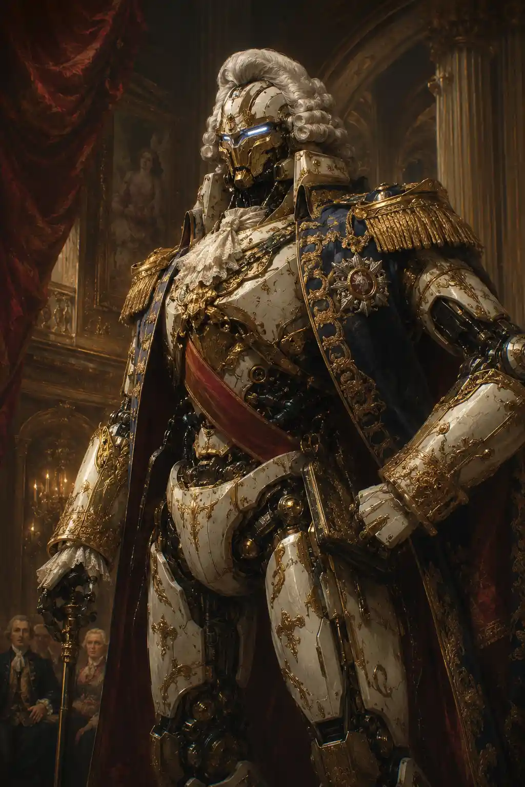 Baroque mecha robot portrait in a grand palace hall