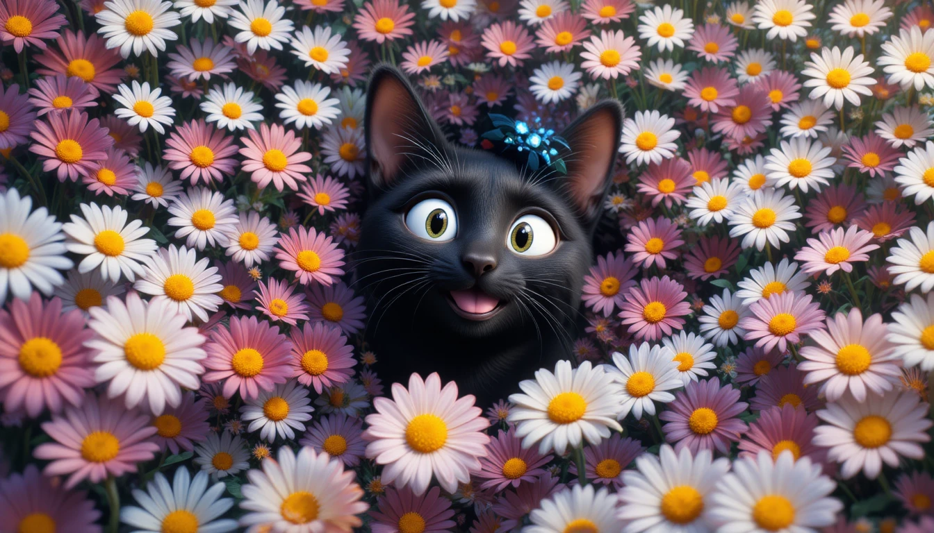 Playful black cat peeking from a wall of colorful daisies